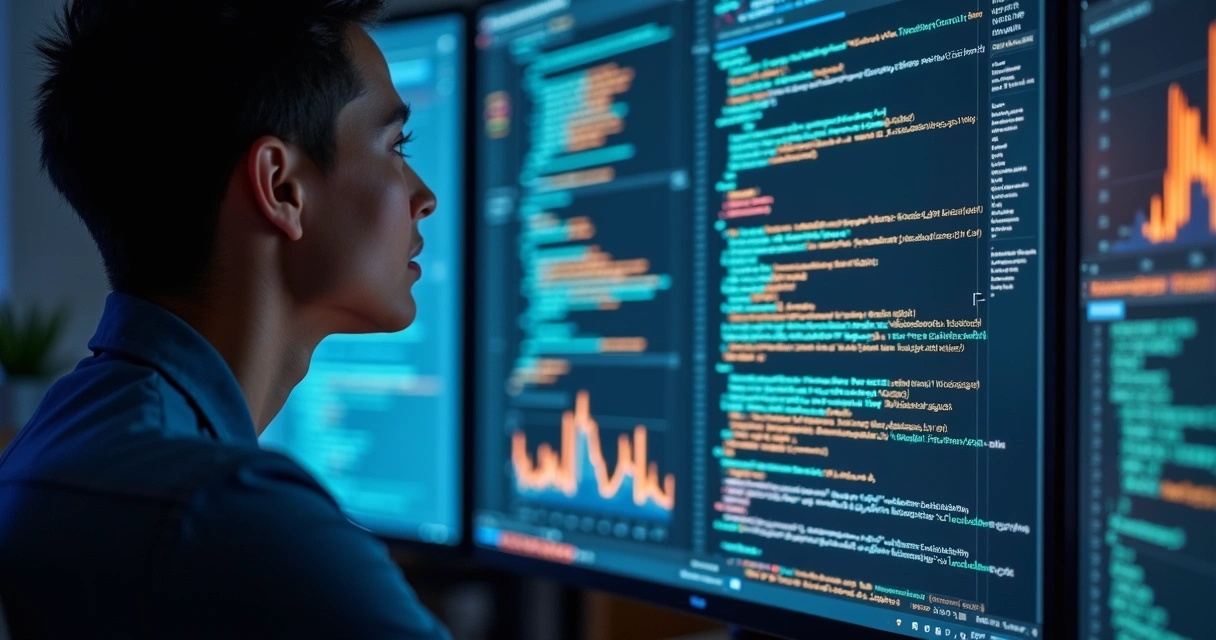 Profissional analisando códigos SQL e Power Apps em telas de computador com gráficos e dados tecnológicos ao fundo 