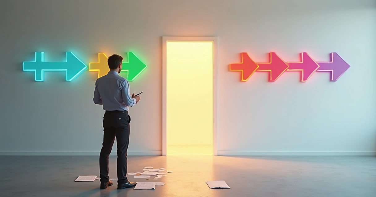 Profissional analisando setas coloridas diante de grande porta iluminada 