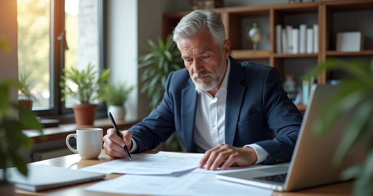 Profissional experiente analisando currículo em ambiente de escritório moderno com laptop e documentos organizados na mesa 