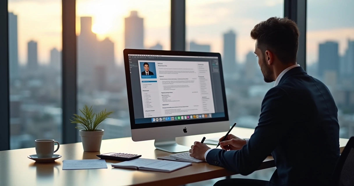 Profissional analisando currículo no computador, foco em melhoria financeira e troca de emprego 