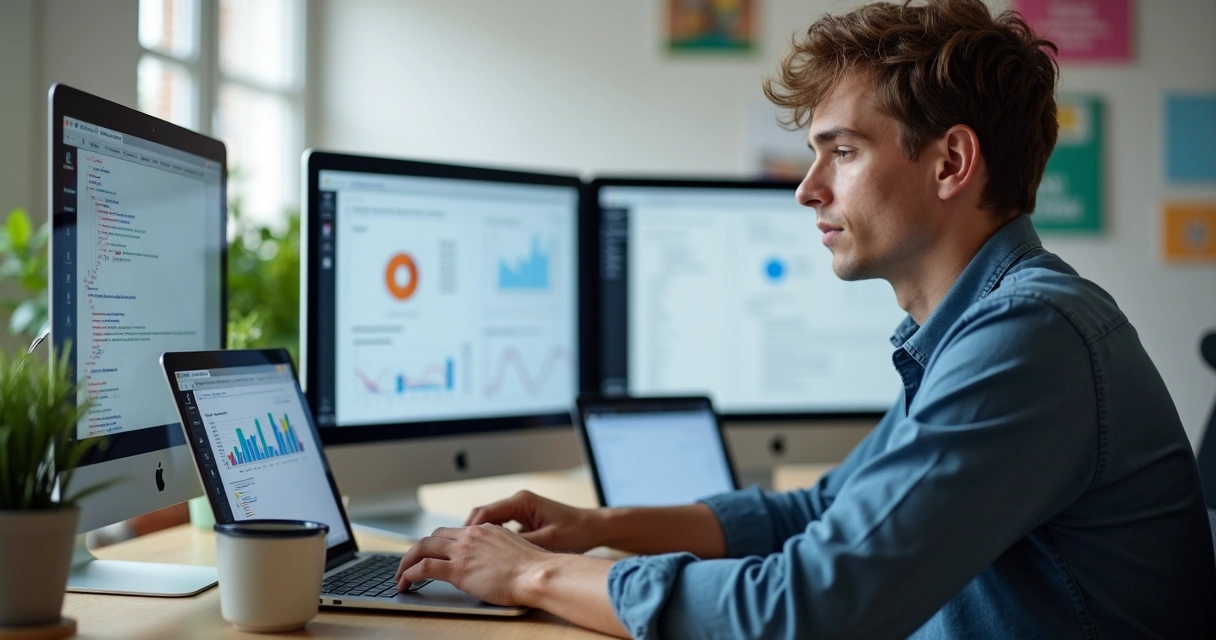 Pessoa analisando dados com notebooks e gráficos digitais 