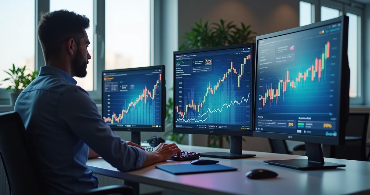 Profissional analisando gráficos de desempenho em múltiplas telas em ambiente de escritório moderno 