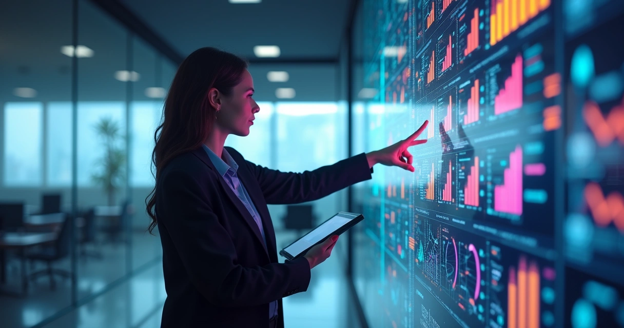 Profissional analisando gráficos digitais em tela holográfica com ícones de inteligência artificial 