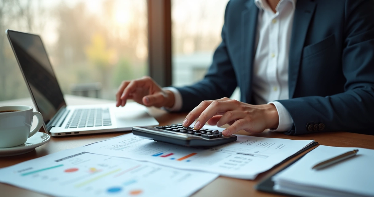 Profissional analisando finanças e documentos em escritório 
