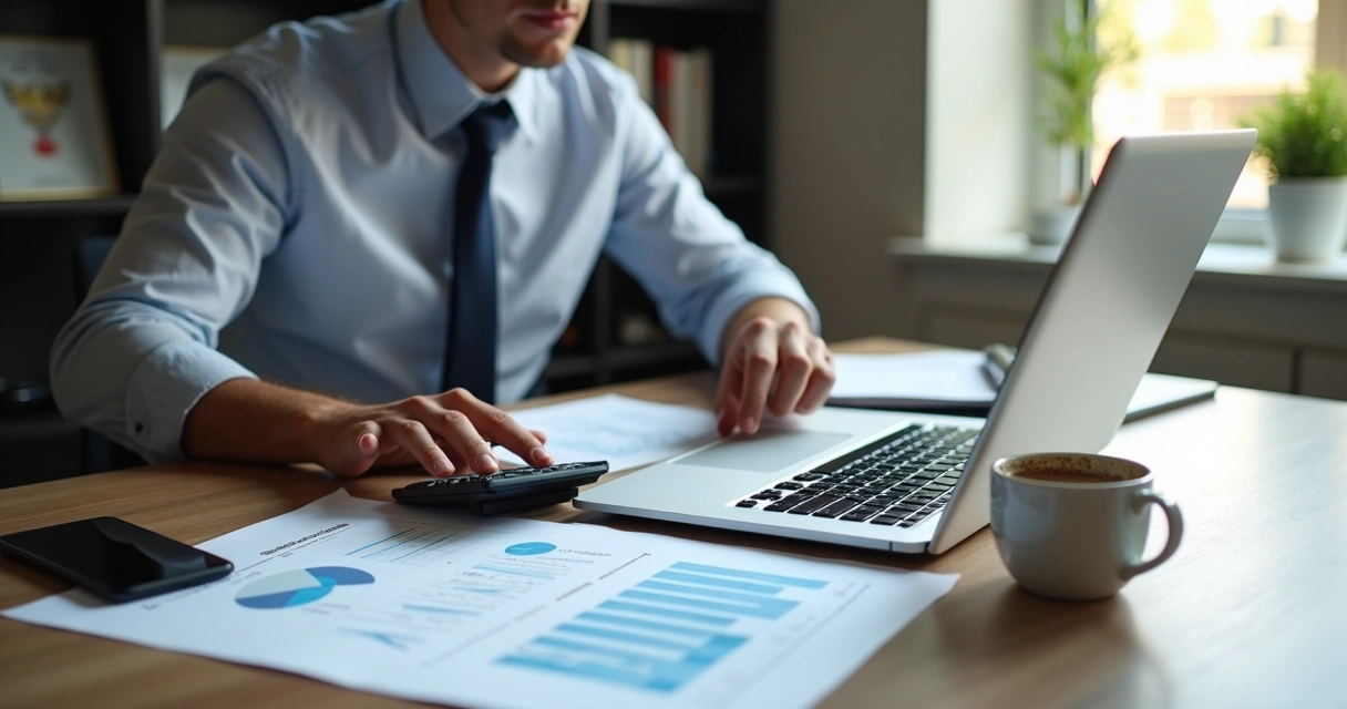 Profissional analisando documentos financeiros e gráficos em laptop e calculadora 