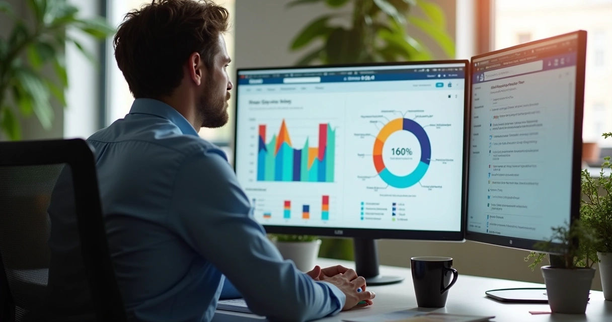 Profissional sentado analisando gráficos coloridos em dois monitores, com LinkedIn aberto 