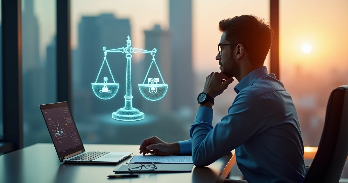 Profissional analisando seu valor de carreira em frente a gráficos e balança simbólica 