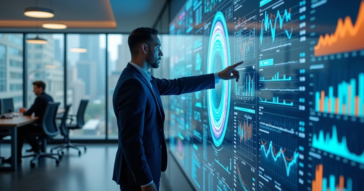 Profissional analisando dados em telas digitais grandes 