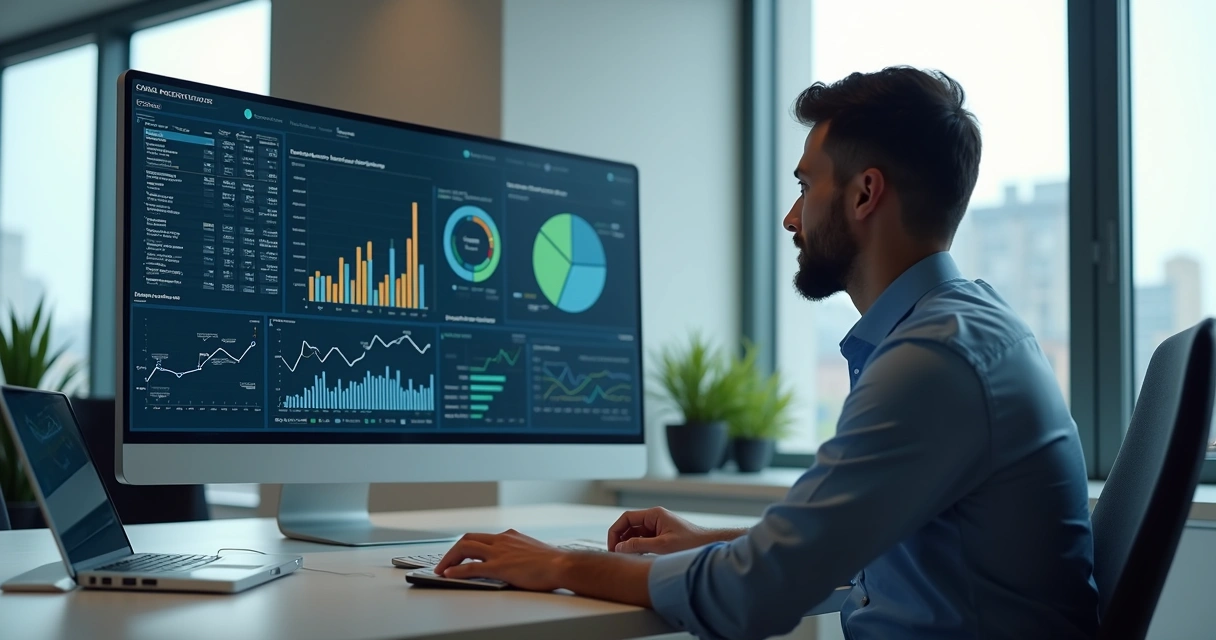 Profissional analisando gráficos financeiros em escritório moderno com computador e software de gestão financeira 