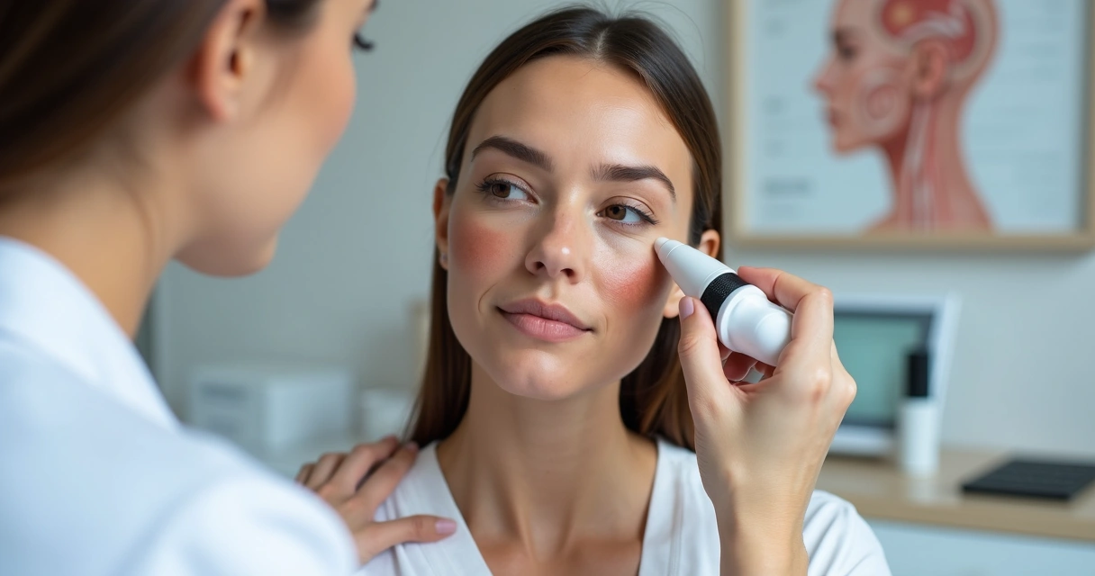 Profissional da saúde estética avaliando manchas de melasma no rosto de uma paciente em consultório 