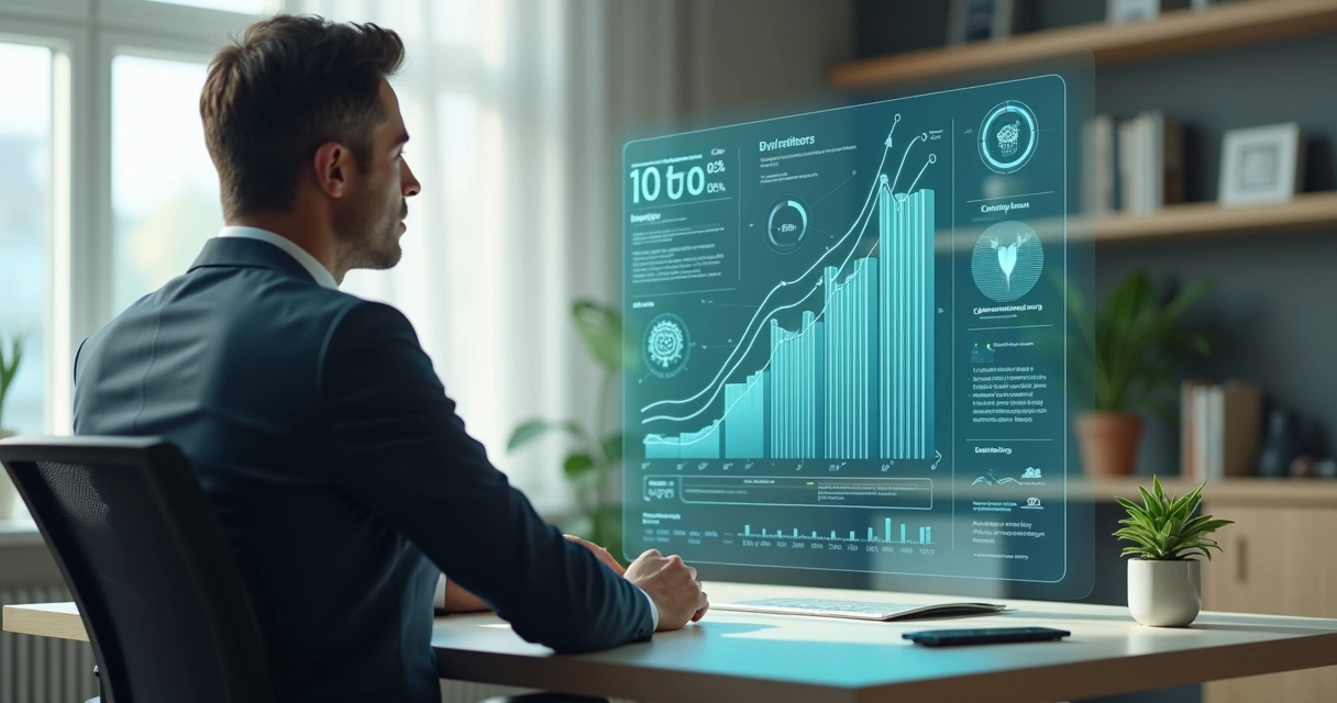 Profissional analisando métricas de valor e potencial humano em um painel futurista 