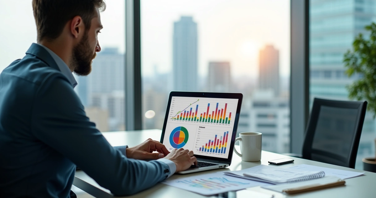 Profissional analisando gráficos e planilhas de evolução salarial em escritório moderno 