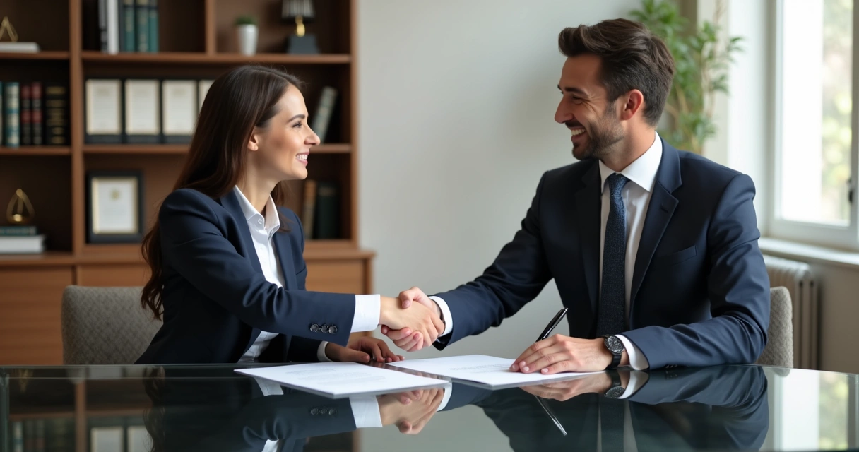 Profissional apertando a mão de cliente após assinar seguro 