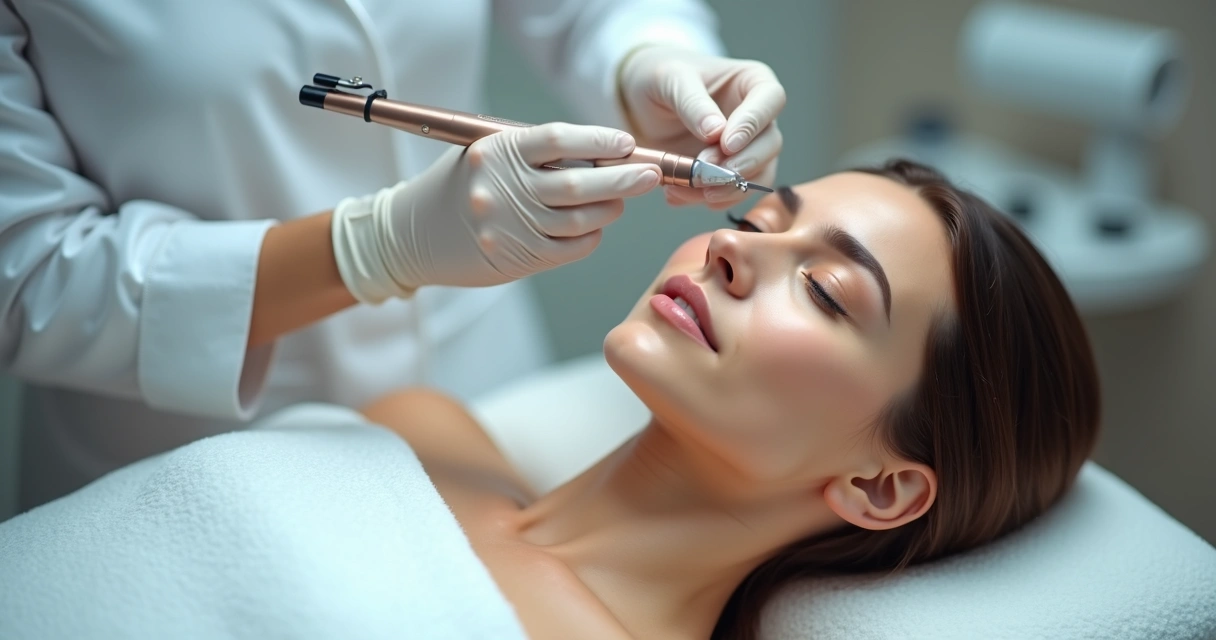 Profissional aplicando microagulhamento no rosto de paciente, ambiente clínico moderno