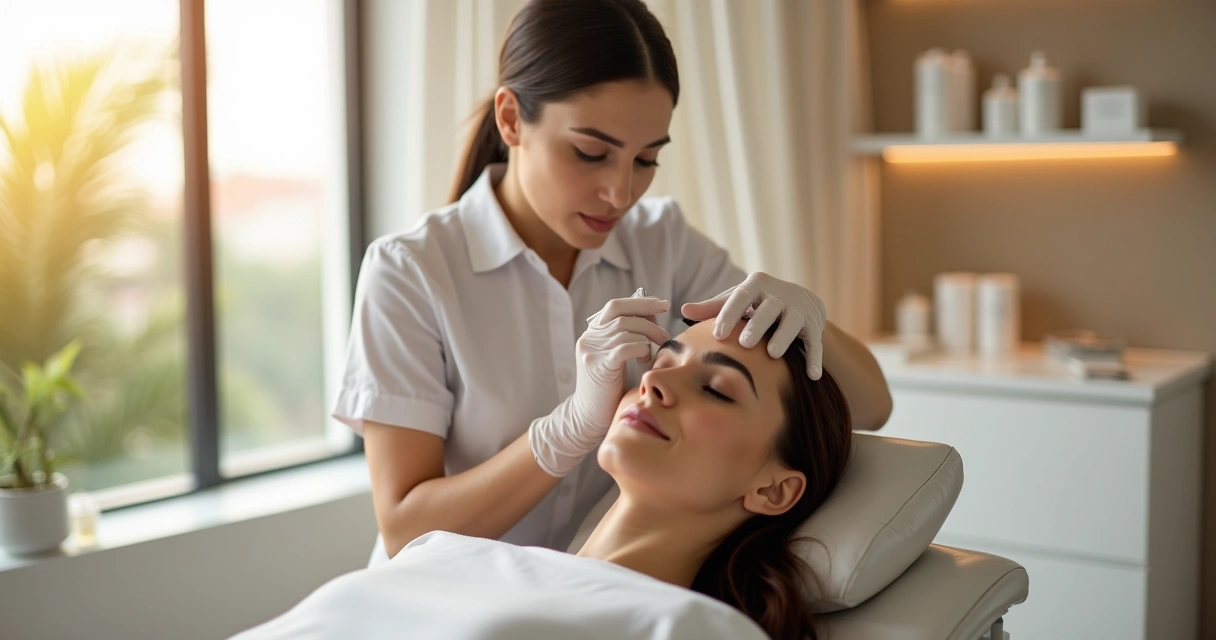 Profissional aplicando botox em rosto feminino em clínica moderna e aconchegante 