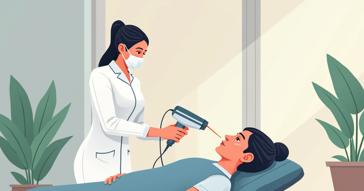 Profissional de estética aplicando laser no rosto de cliente em consultório limpo 