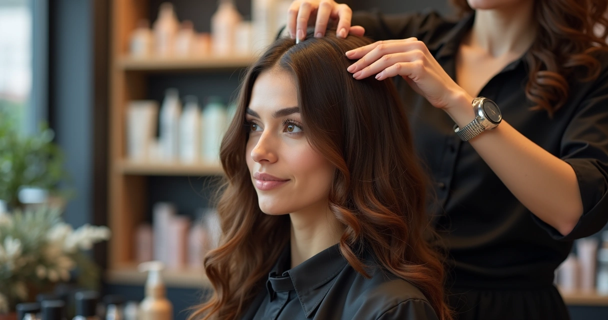 Profissional aplicando óleo em cabelo feminino no salão 