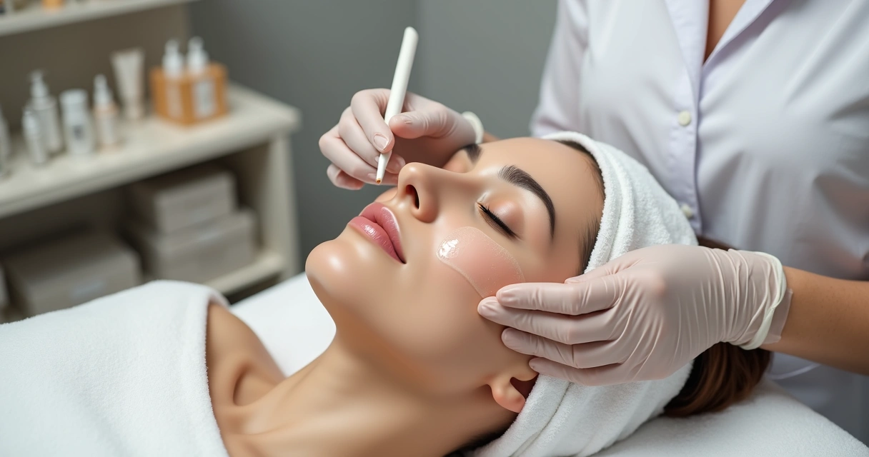 Profissional da saúde estética aplicando peeling de vitamina C no rosto de paciente 