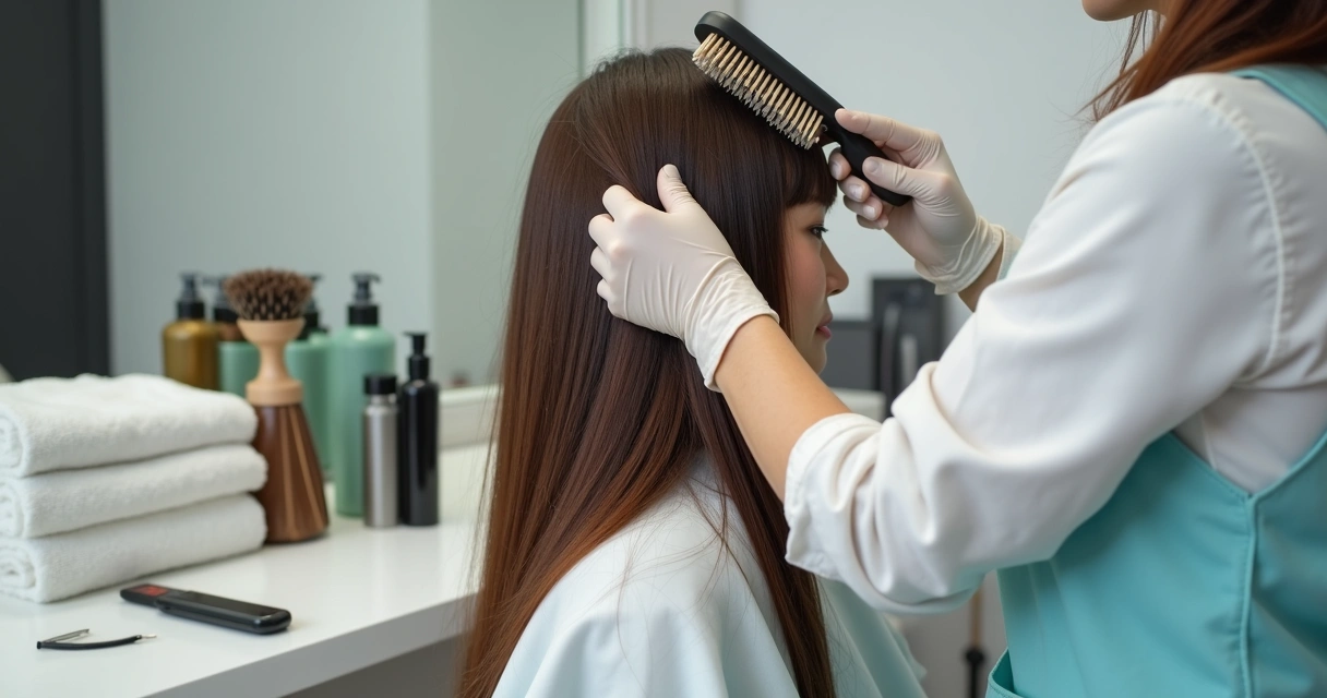 Profissional aplicando progressiva em cabelo feminino 