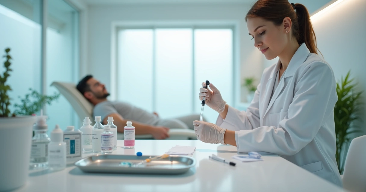 Profissional de saúde preparando seringa em clínica moderna e iluminada 