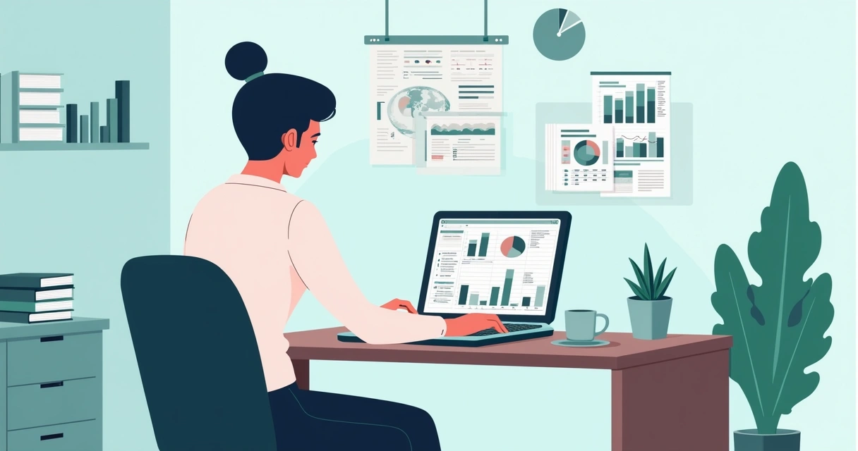 Ilustração corporativa de profissional usando laptop com planilha de Excel aberta, gráficos e cálculos visíveis 