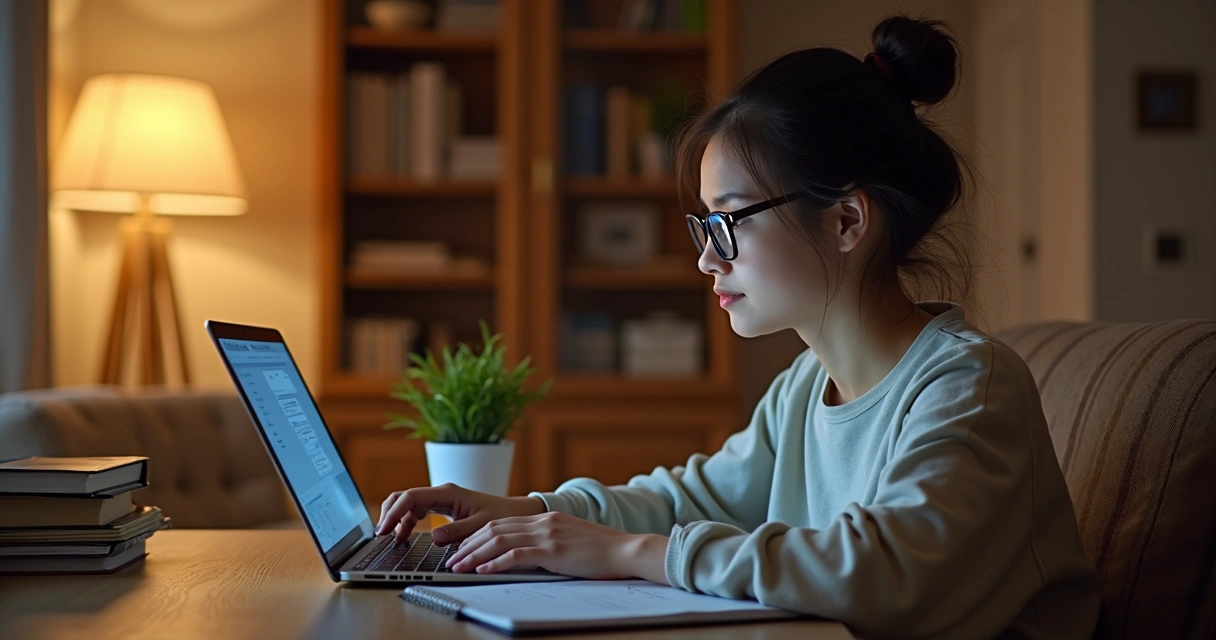 Pessoa estudando online em casa com laptop e anotações 