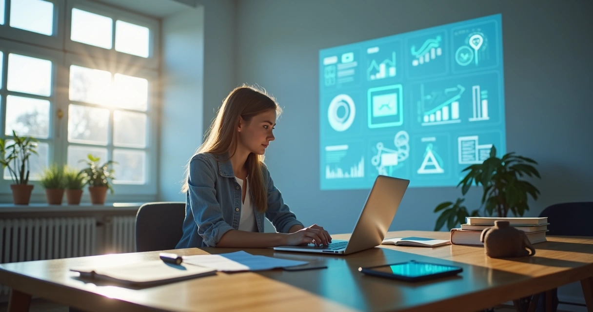 Pessoa estudando em ambiente moderno com laptop, livros e artefatos tecnológicos
