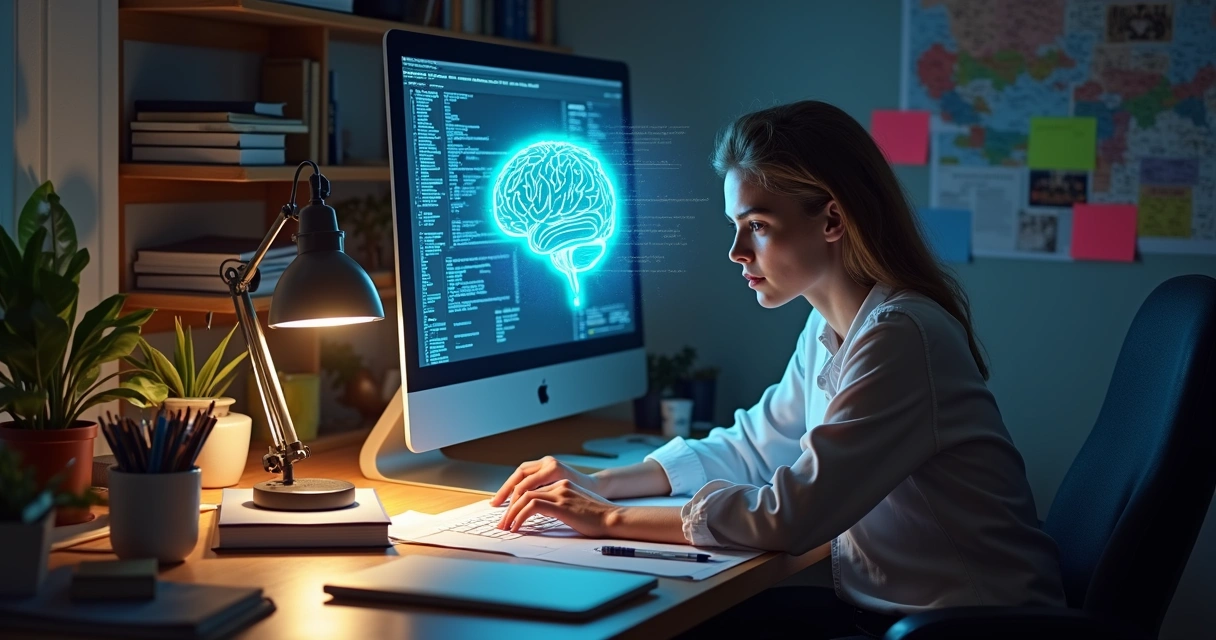 Pessoa estudando sobre inteligência artificial com livros e computador 