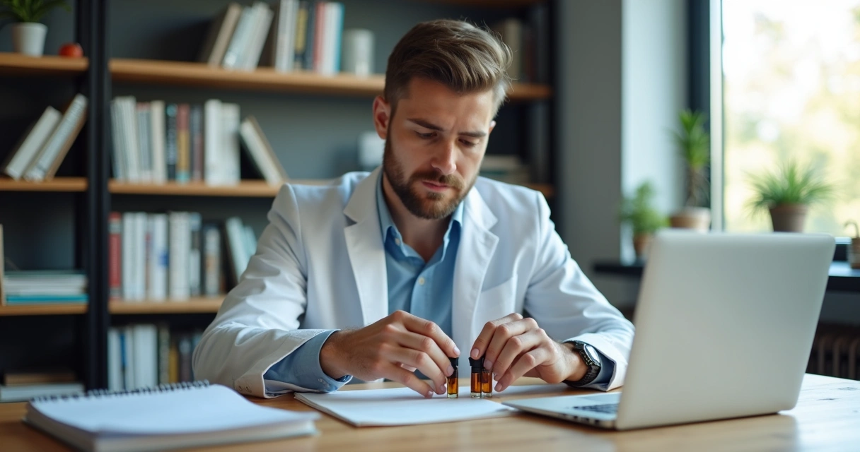 Profissional analisando frascos de aromas em ambiente de estudo