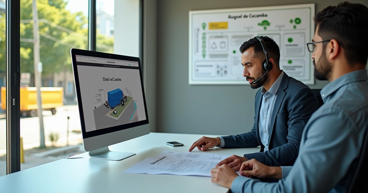 Atendente explicando aluguel de caçamba em ambiente de escritório moderno 