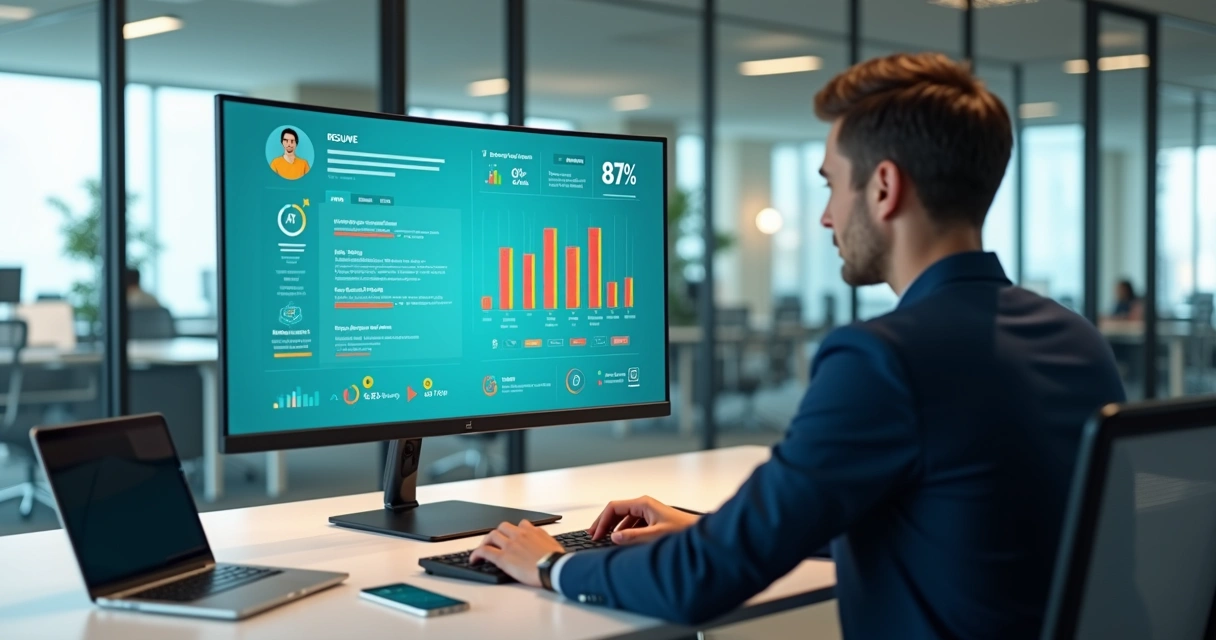 Profissional analisando currículo em tela com painel de ATS e gráficos de compatibilidade 
