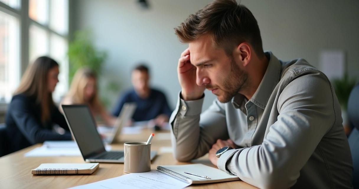 Profissional sentado à mesa de trabalho refletindo sobre autocobrança no escritório 
