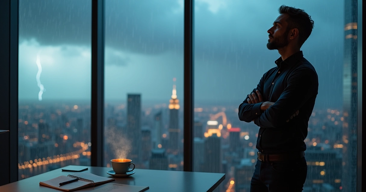 Profissional de perfil exibindo calma perante cidade sob tempestade ao fundo 