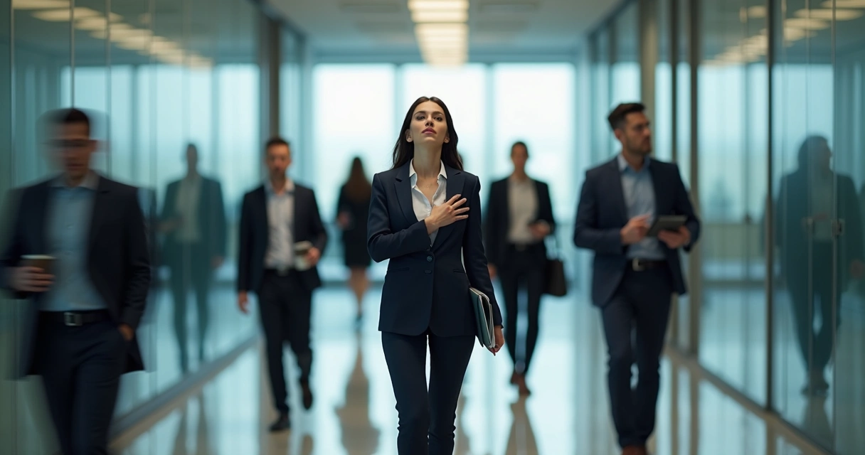 Profissional em pé tranquilo em corredor corporativo competitivo 