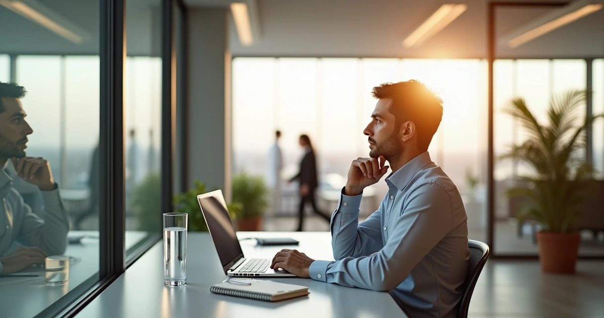 Profissional refletindo antes de tomar decisão no trabalho 