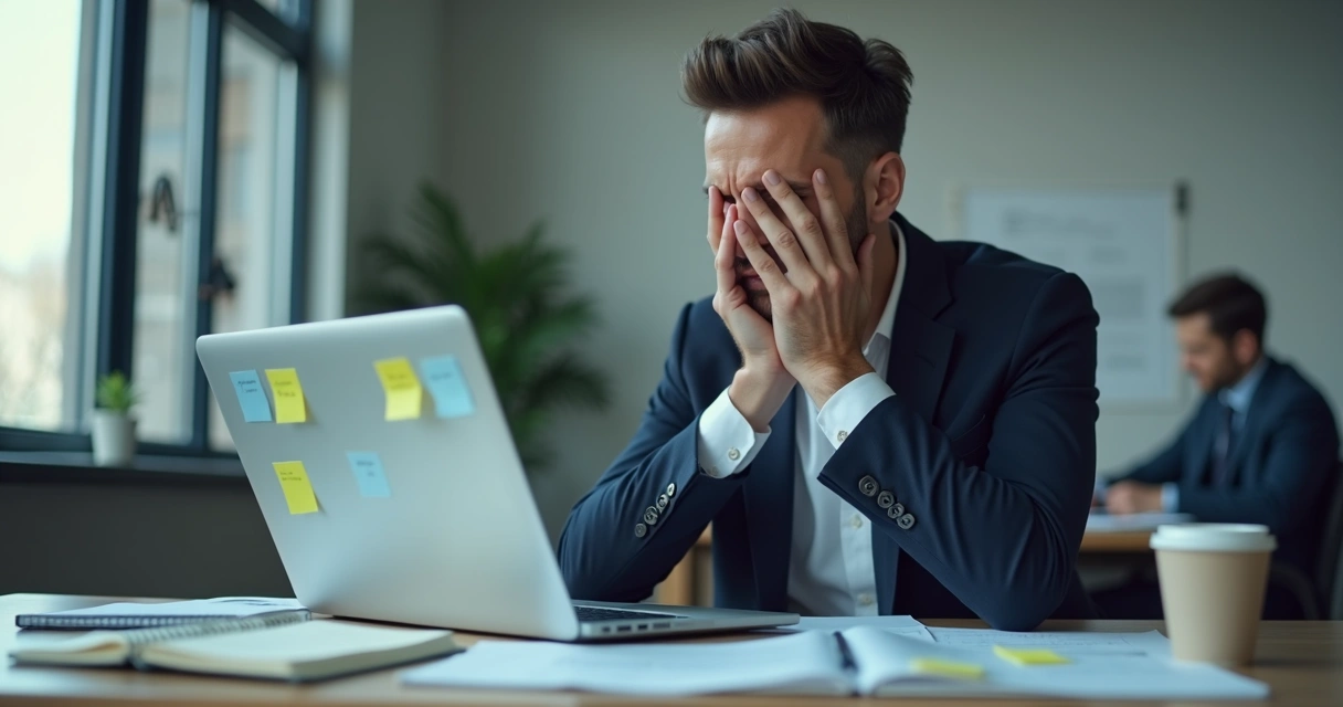 Profissional diante do notebook com anotações e expressão tensa no escritório 