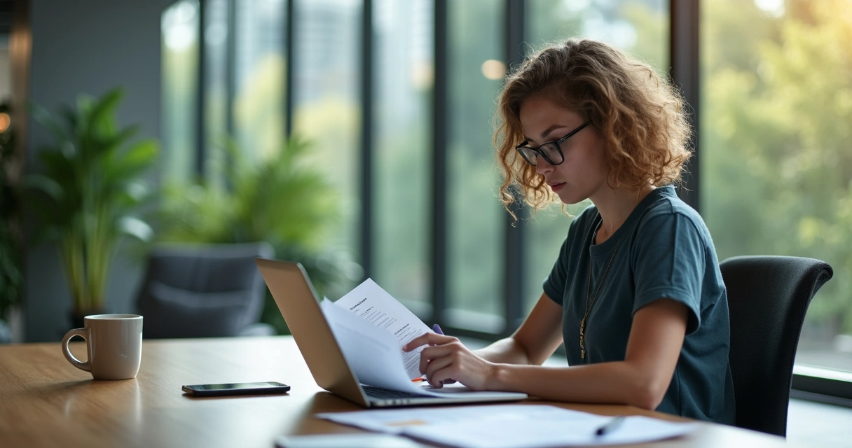Profissional autônomo em coworking analisando contratos 
