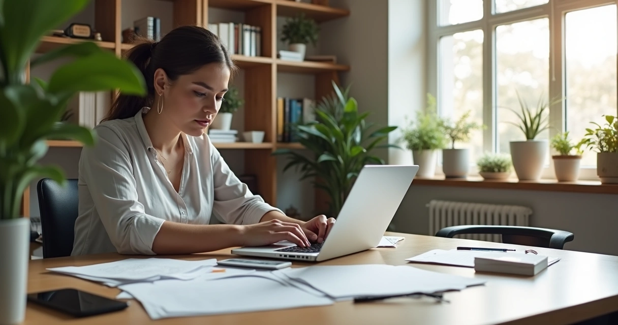 Profissional autônomo trabalhando em escritório moderno.
