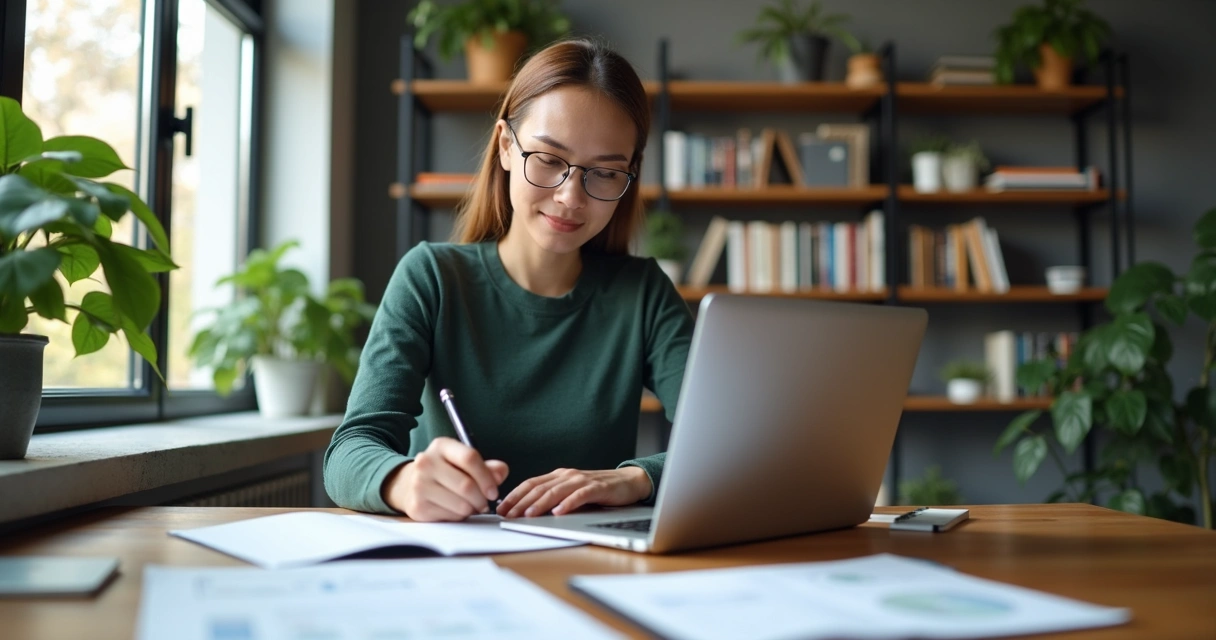 Profissional autônomo trabalhando em escritório moderno com laptop, caderno e documentos organizados 