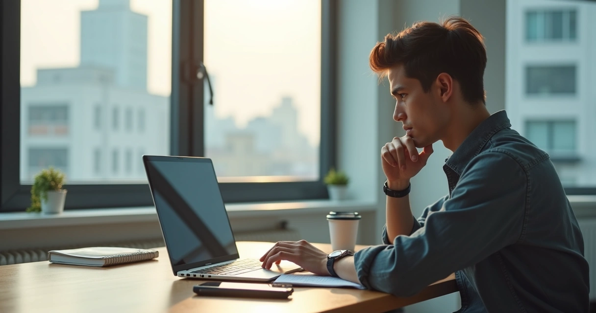 Profissional refletindo sobre si mesmo em ambiente de trabalho moderno 
