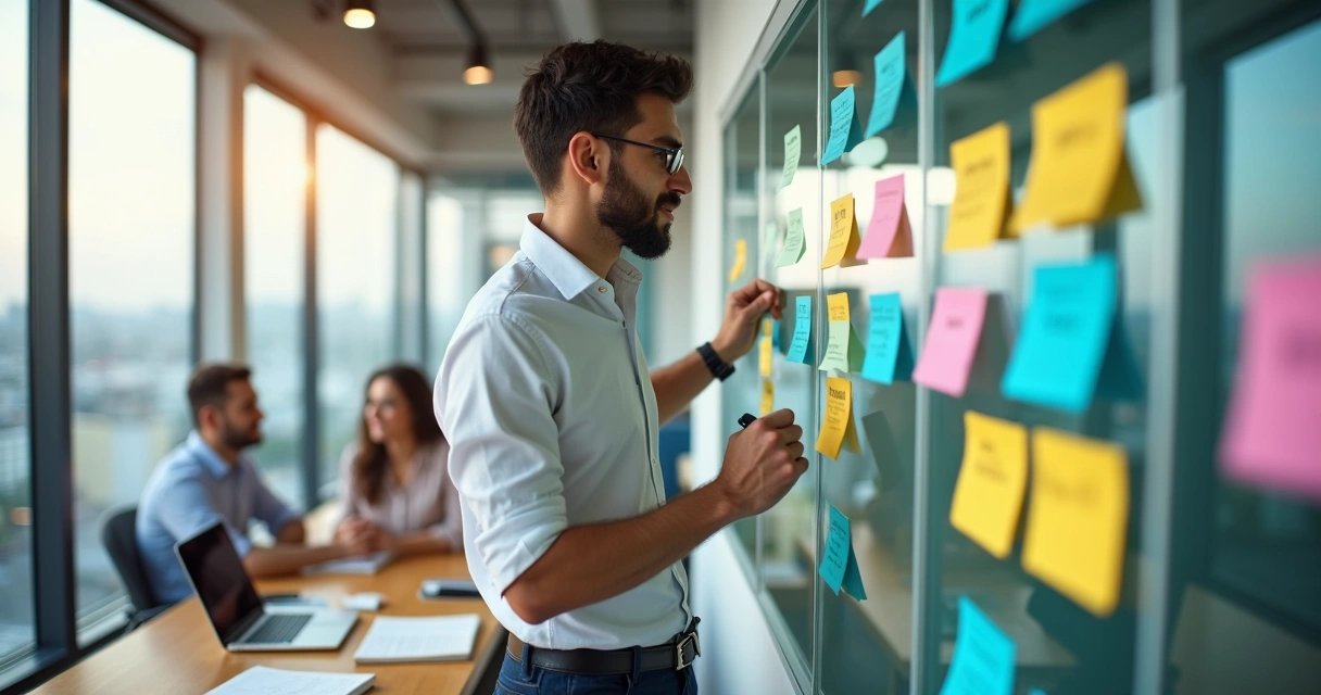 Profissional em escritório marcando metas no quadro de tarefas 