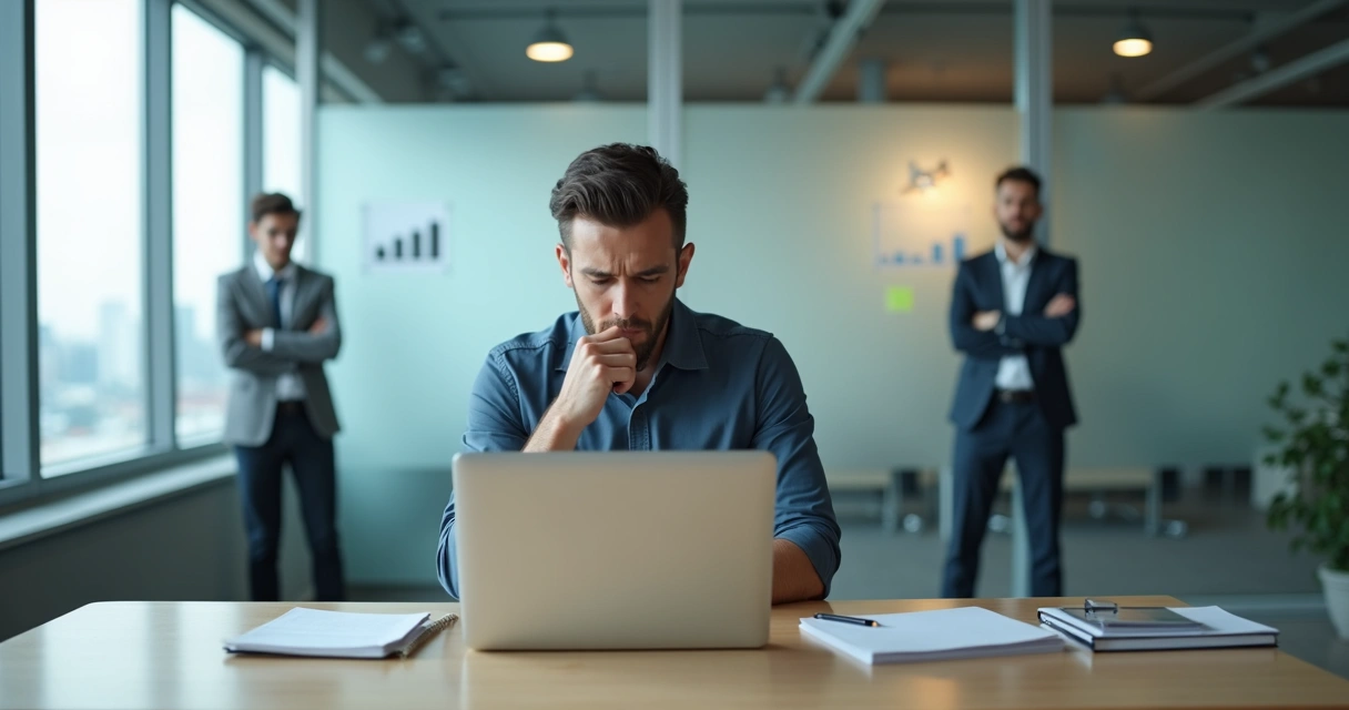 Profissional sentado à mesa de trabalho com duas versões de si em conflito ao fundo 