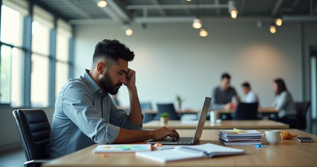 Profissional em escritório dividida entre confiança e autossabotagem diante do computador 