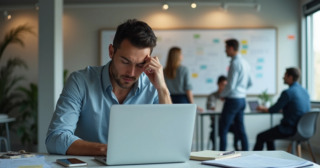 Profissional sentado à mesa de trabalho com expressão de dúvida diante do computador 