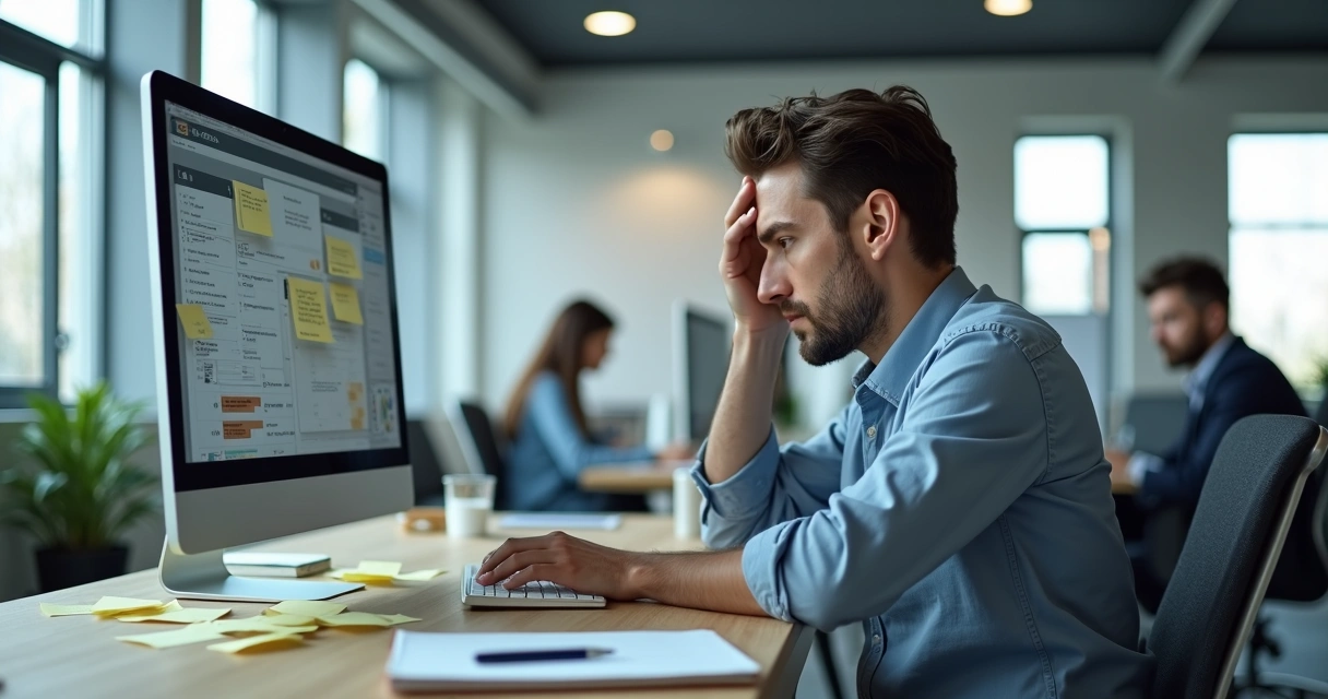 Profissional sentado à mesa de trabalho com expressão confusa diante de tela cheia de tarefas pendentes 