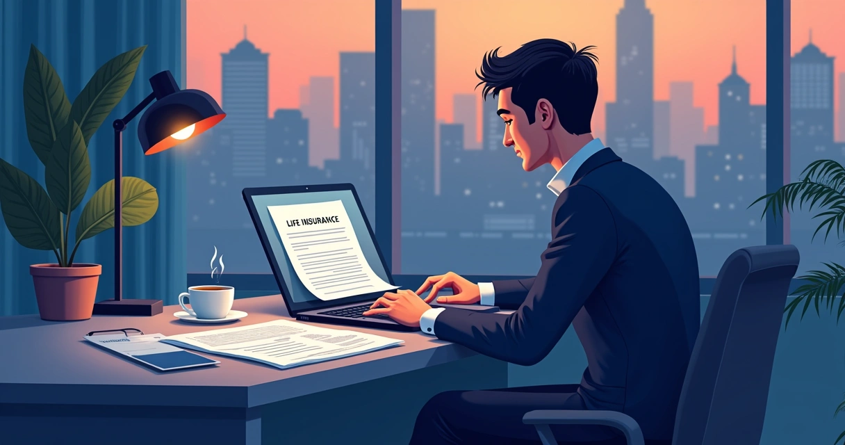 Profissional analisando apólice de seguro ao computador 