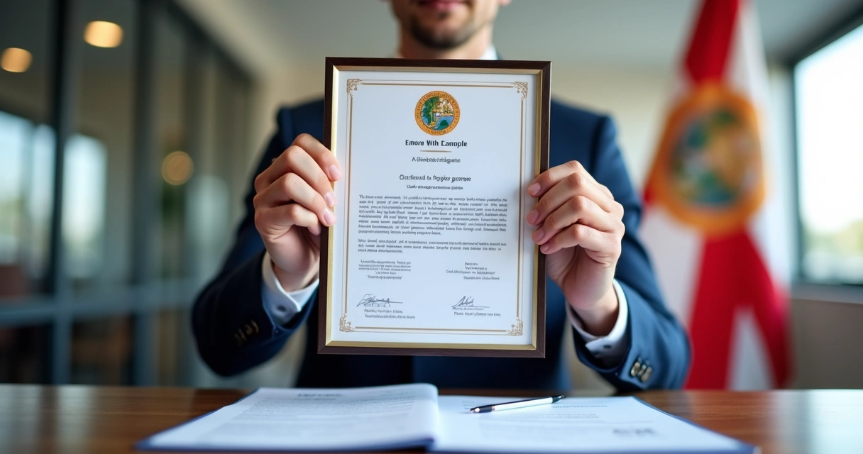 Avaliador imobiliário mostrando certificado profissional 