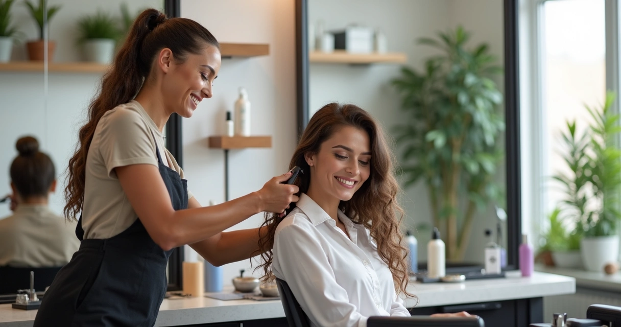 Profissional de beleza conversando com cliente em um salão moderno 