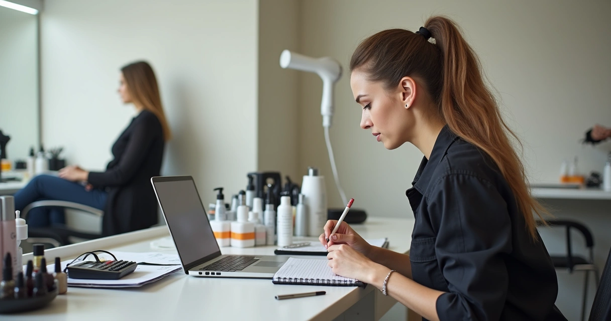 Profissional do setor da beleza calculando custos em mesa com notebook e produtos 