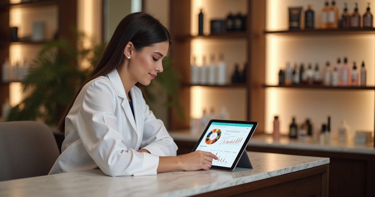 Profissional de beleza usando tablet com dados de IA 